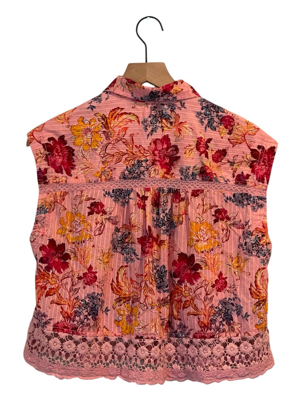 Pilcro-Anthropologie Pink Floral Lace-Trim Sleeveless Button Front Blouse, XS - Picture 3 of 12